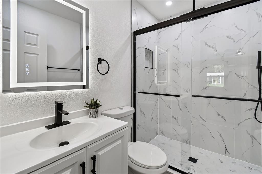Bathroom, Glass Shower, Interior, Marble Walls, Recessed Lighting