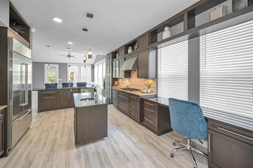 Home Office, Interior, Kitchen, Pendant Lights, Recessed Lighting, Stainless Steel Appliances, Wood Texture Flooring