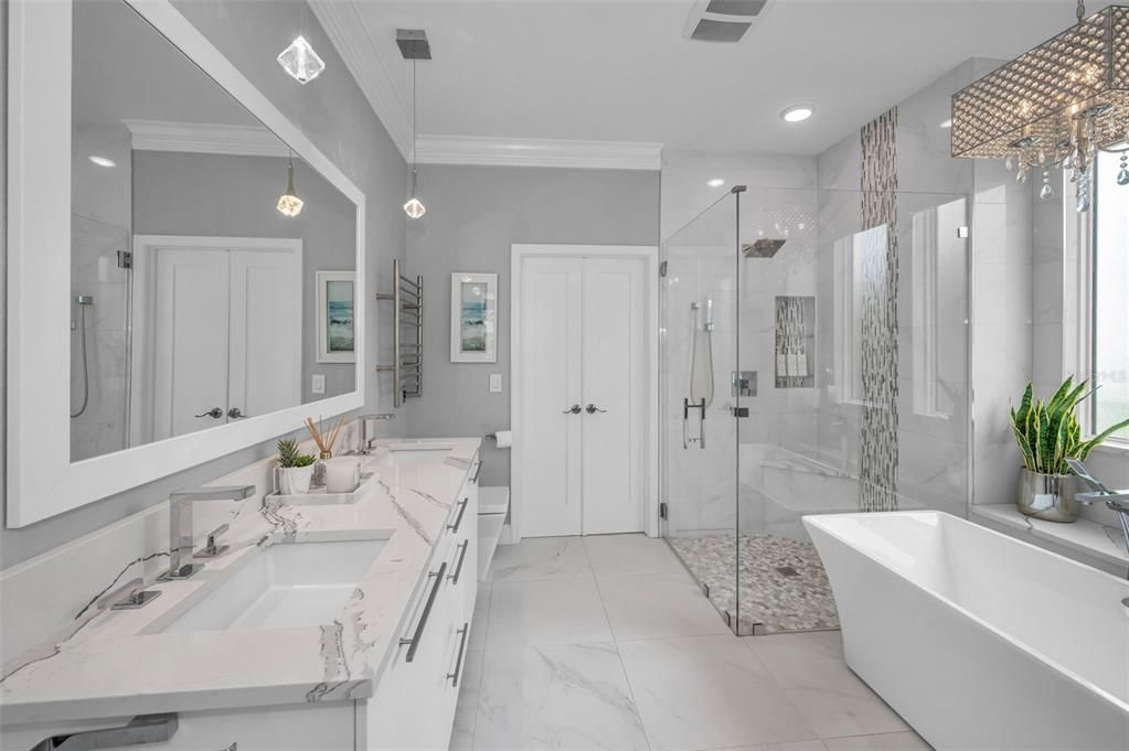 Bathroom, Dual Sink Vanities, Free Standing Baths, Glass Shower, Interior, Marble, Pendant Lights, Recessed Lighting