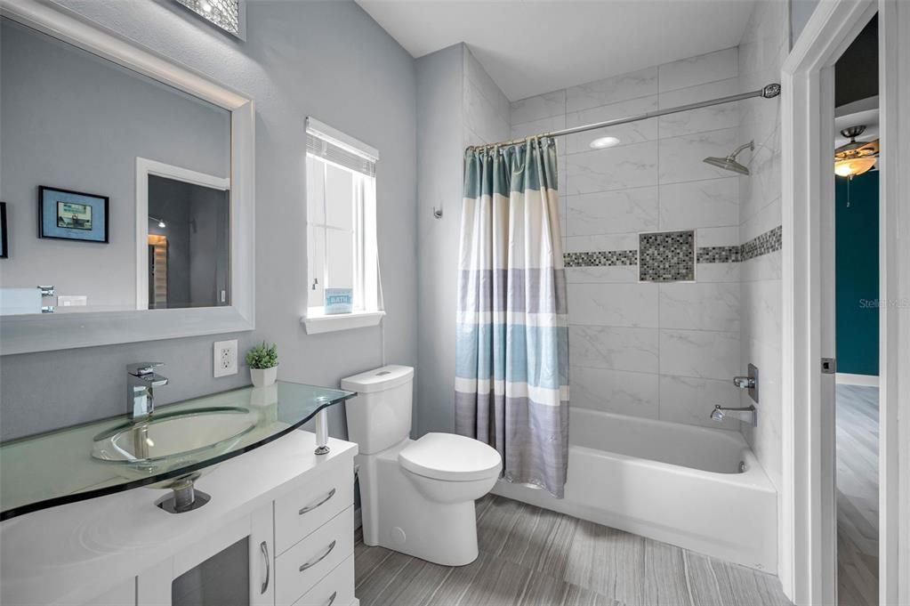 Bathroom, Interior, Marble Walls, Wood Texture Flooring