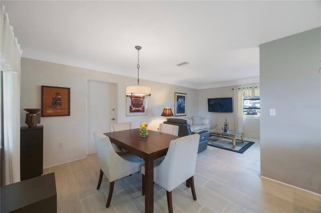 Dining room, Interior, Living room, Pendant Lights, Wood Texture Flooring