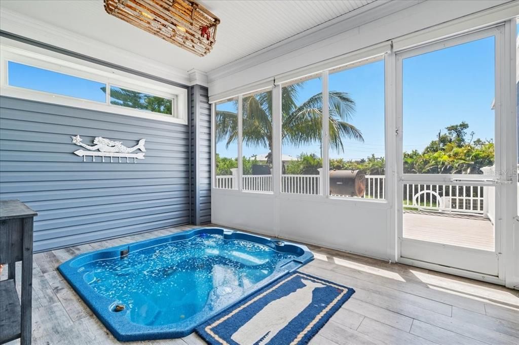 Chandelier, Hot Tub, Interior, Sun Room, Water, Wood Texture Flooring