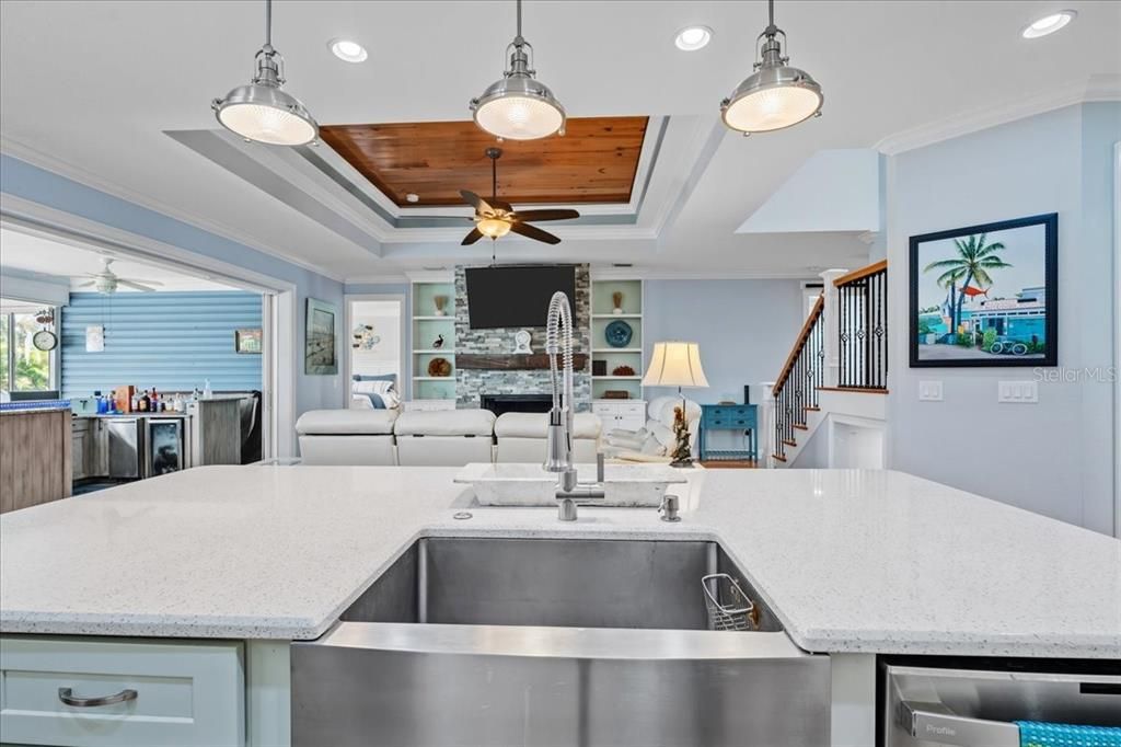 Fireplace, Interior, Kitchen, Living room, Pendant Lights, Recessed Lighting, Wooden Ceilings