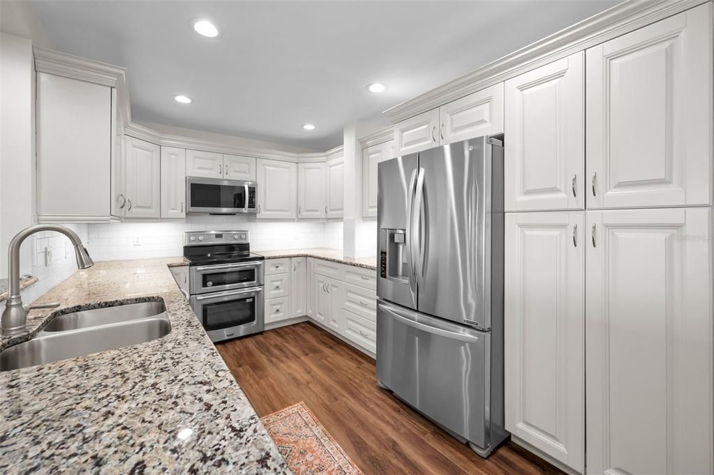 Interior, Kitchen, Recessed Lighting, Stainless Steel Appliances, Wood Texture Flooring