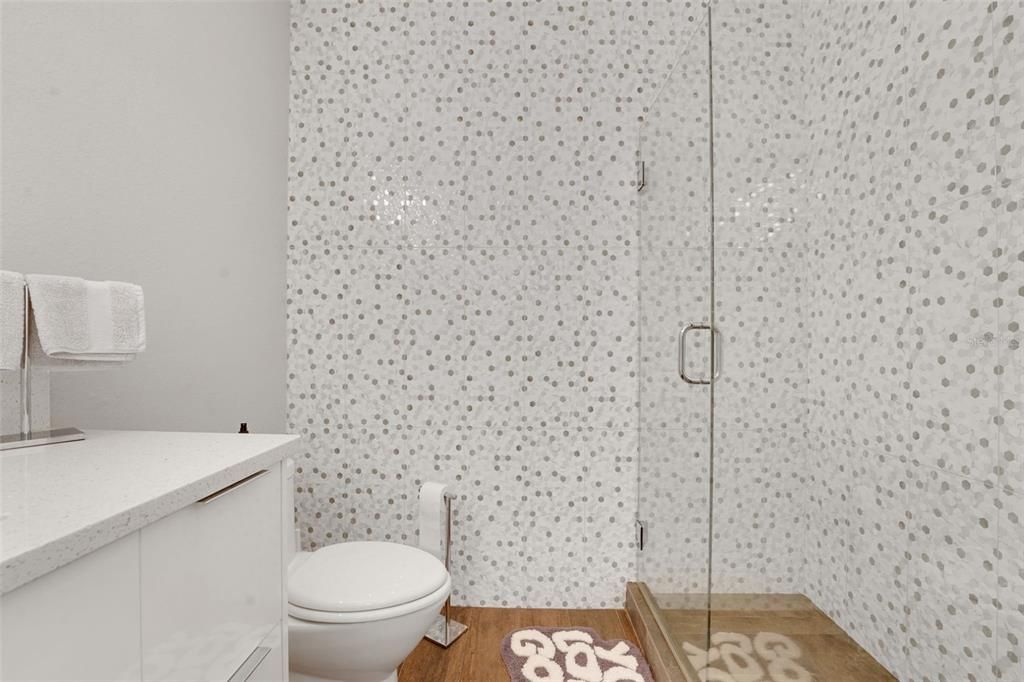 Bathroom, Glass Shower, Interior, Wood Texture Flooring