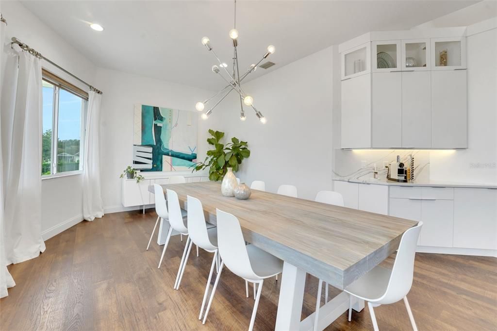 Dining room, Interior, Pendant Lights, Recessed Lighting, Wood Texture Flooring