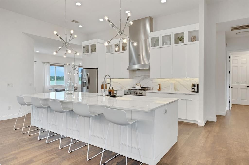 Interior, Kitchen, Pendant Lights, Recessed Lighting, Stainless Steel Appliances, Water, Wood Texture Flooring