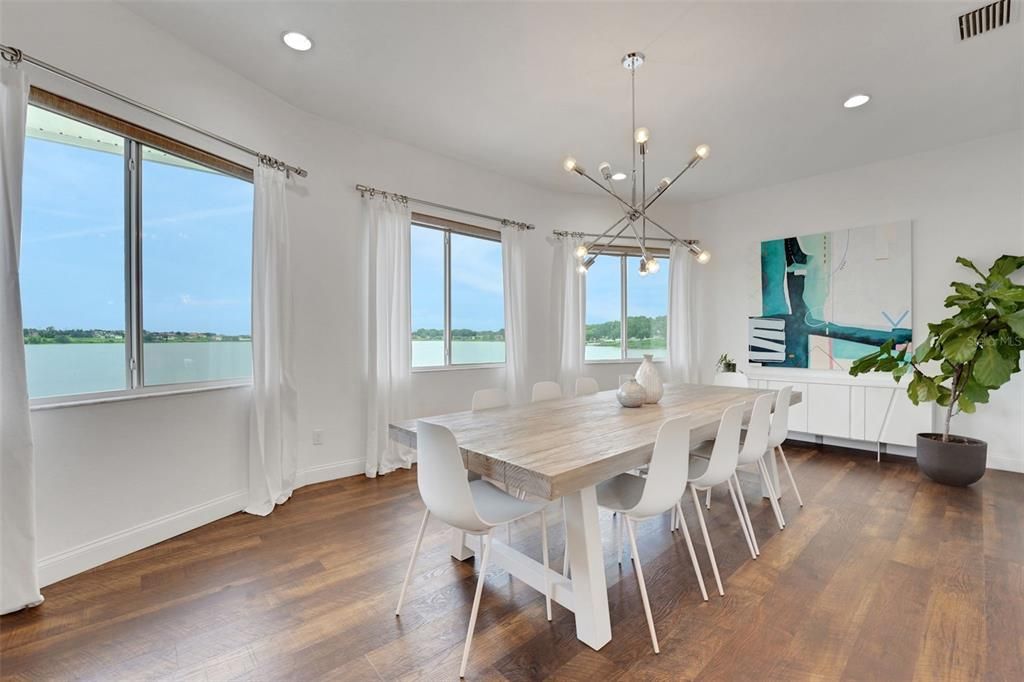 Dining room, Interior, Pendant Lights, Recessed Lighting, Water, Wood Texture Flooring