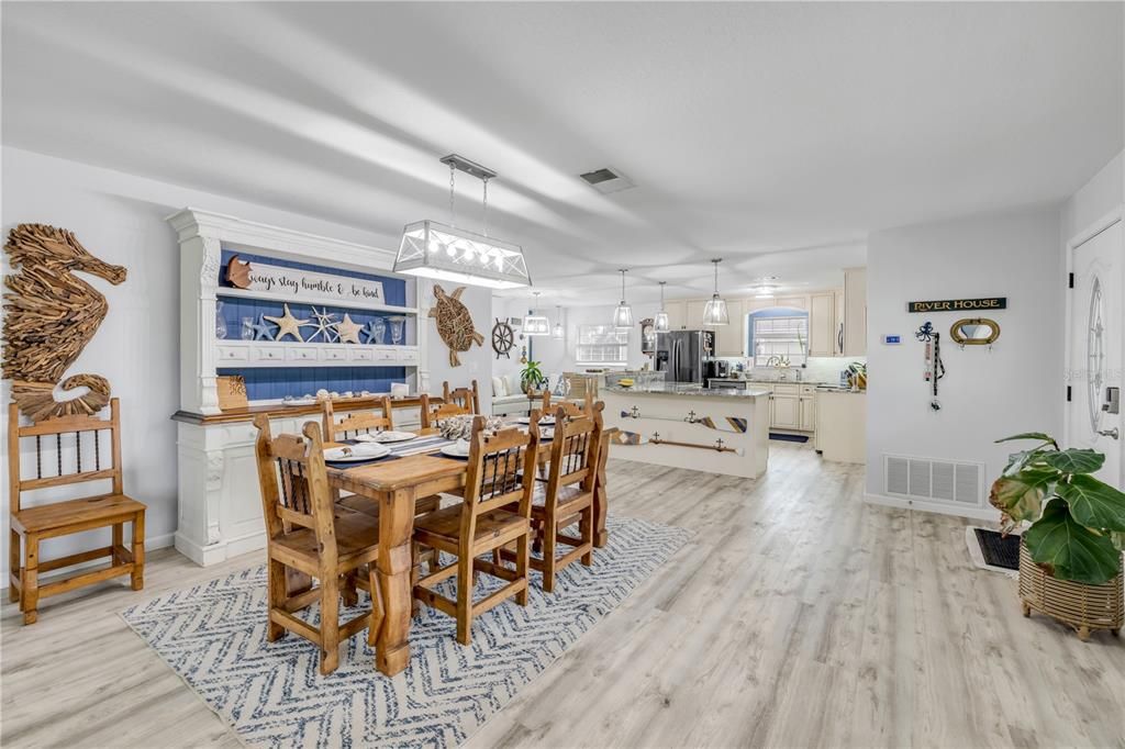 Dining room, Interior, Kitchen, Pendant Lights, Wood Texture Flooring