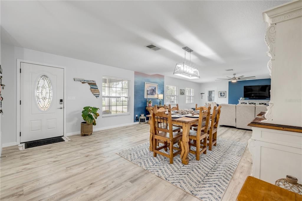 Dining room, Interior, Living room, Pendant Lights, Wood Texture Flooring