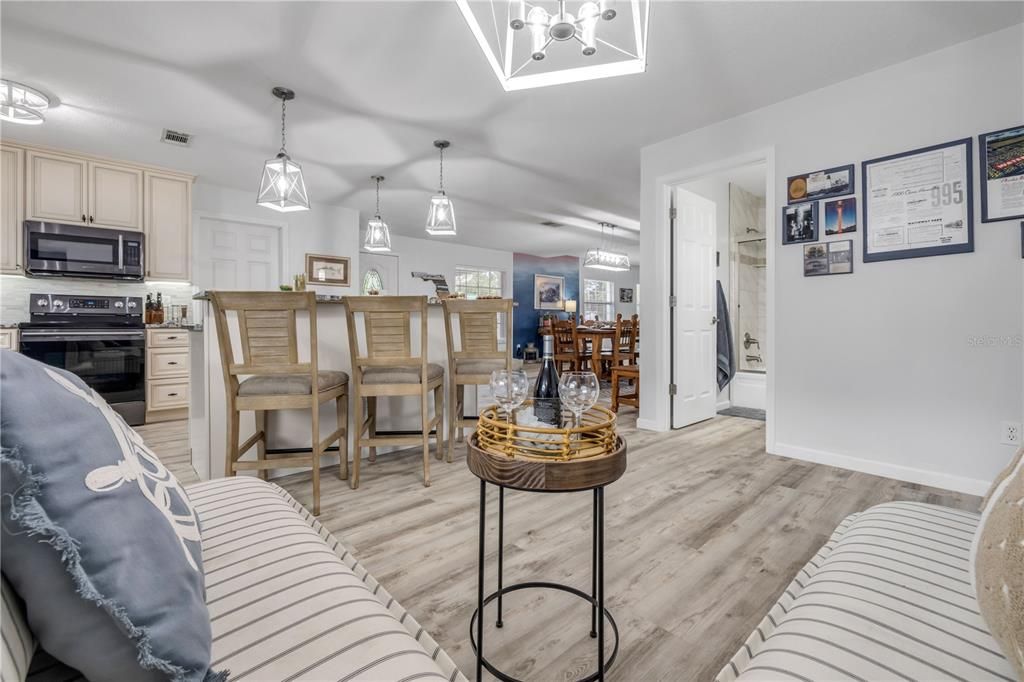 Interior, Kitchen, Pendant Lights, Wood Texture Flooring