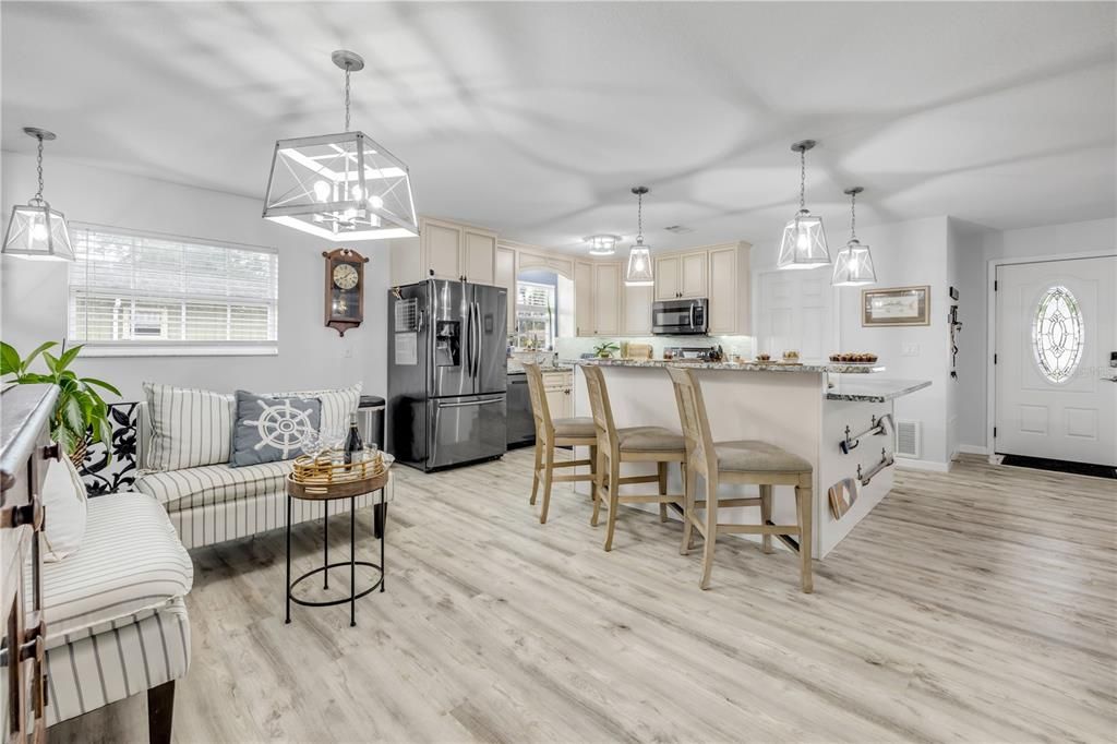 Interior, Kitchen, Pendant Lights, Wood Texture Flooring