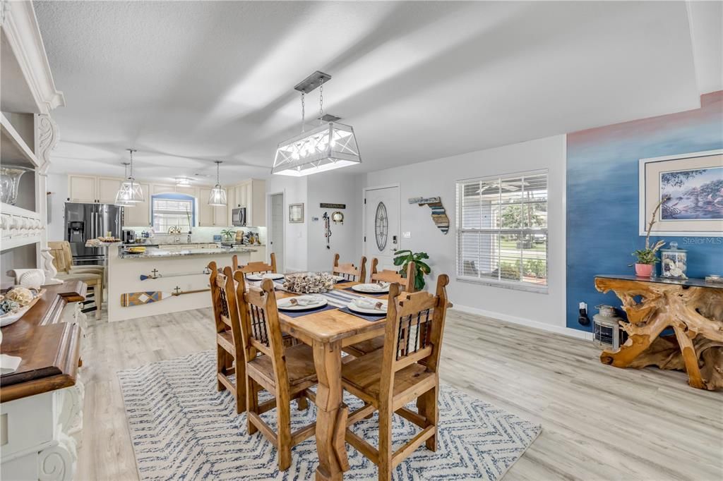 Dining room, Interior, Kitchen, Pendant Lights, Wood Texture Flooring