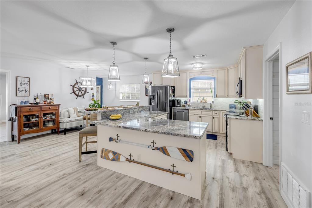Interior, Kitchen, Pendant Lights, Wood Texture Flooring