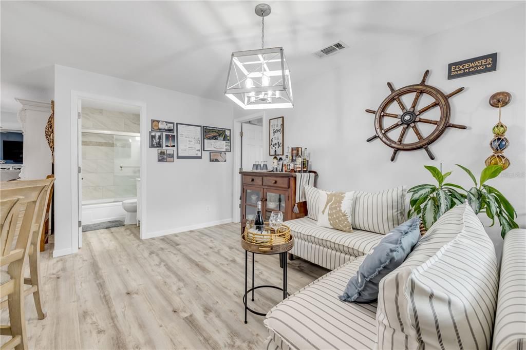 Bathroom, Interior, Pendant Lights, Wood Texture Flooring