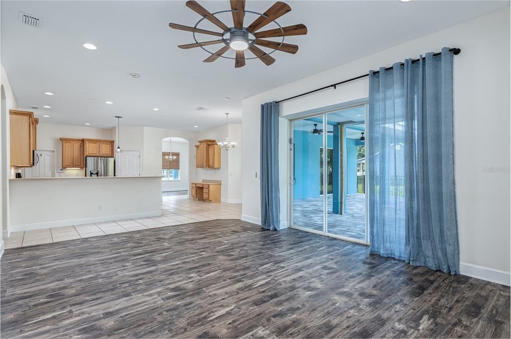 Empty room, Interior, Kitchen, Pendant Lights, Recessed Lighting, Wood Texture Flooring
