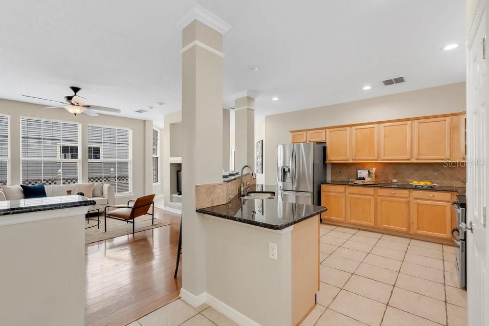 Interior, Kitchen, Living room, Recessed Lighting, Stainless Steel Appliances, Wood Texture Flooring