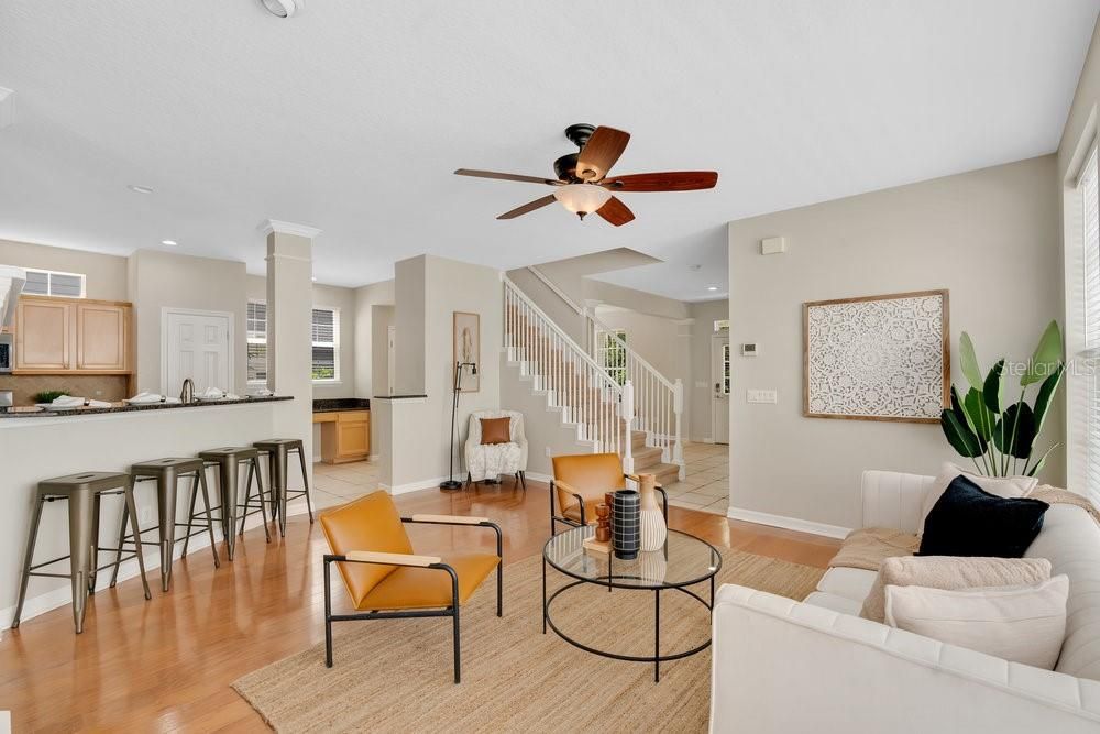 Interior, Kitchen, Living room, Recessed Lighting, Wood Texture Flooring