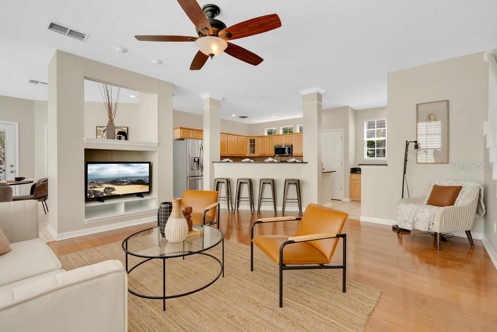 Interior, Kitchen, Living room, Recessed Lighting, Stainless Steel Appliances, Wood Texture Flooring