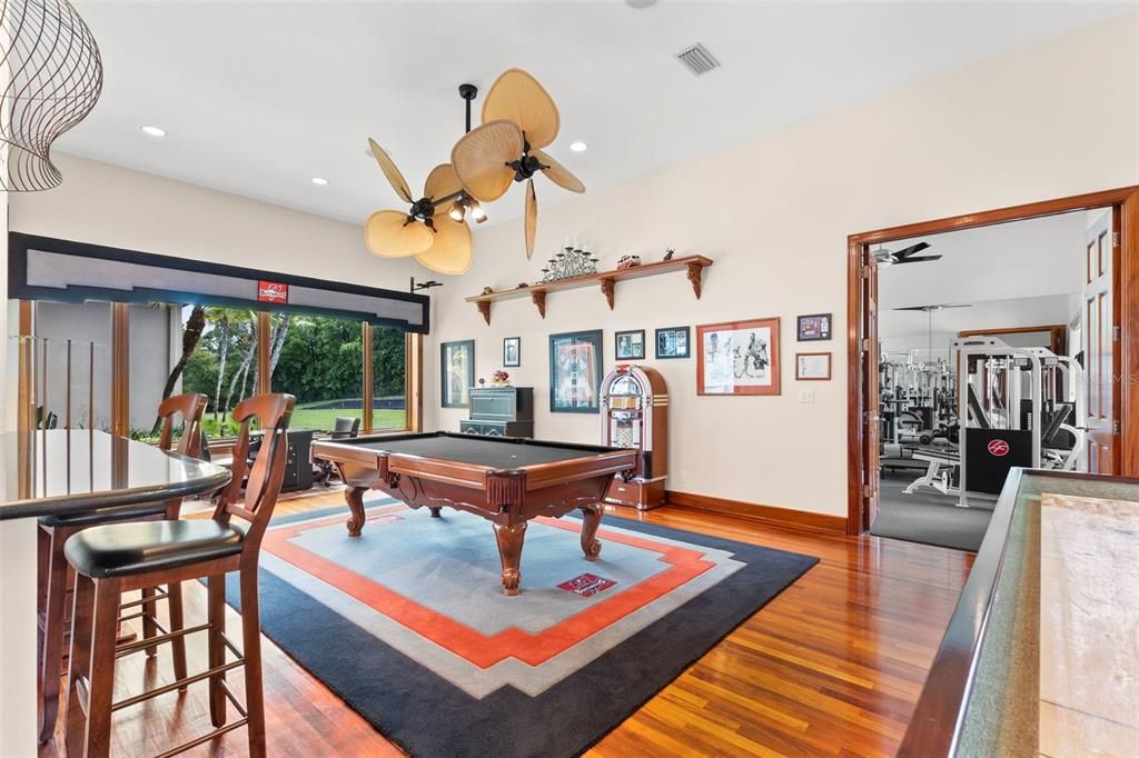 Billiard Table, Fitness Equipment, Game Room, Interior, Recessed Lighting, Wood Texture Flooring