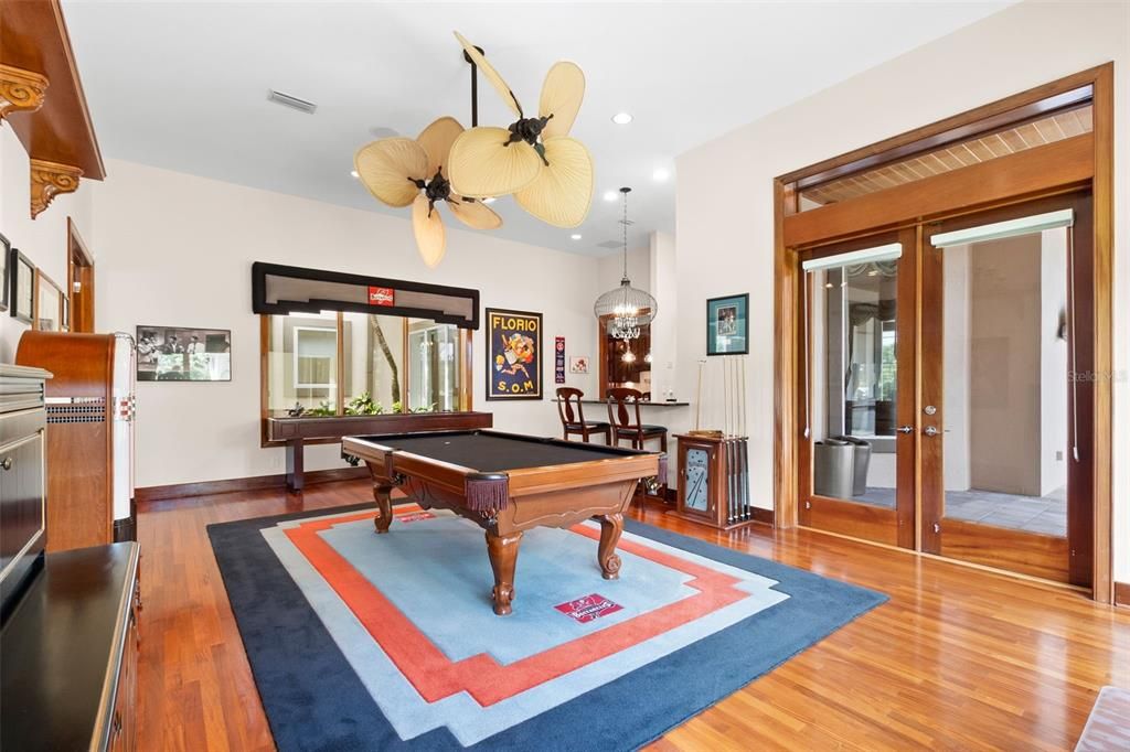 Billiard Table, Chandelier, Game Room, Interior, Pendant Lights, Recessed Lighting, Wood Texture Flooring