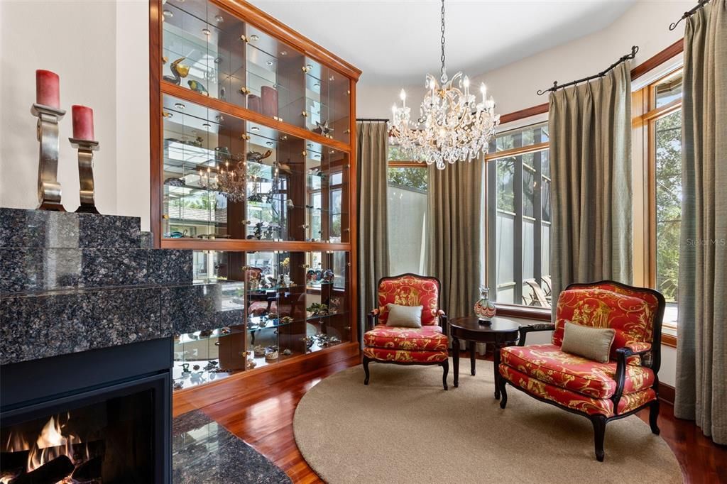 Chandelier, Fireplace, Interior