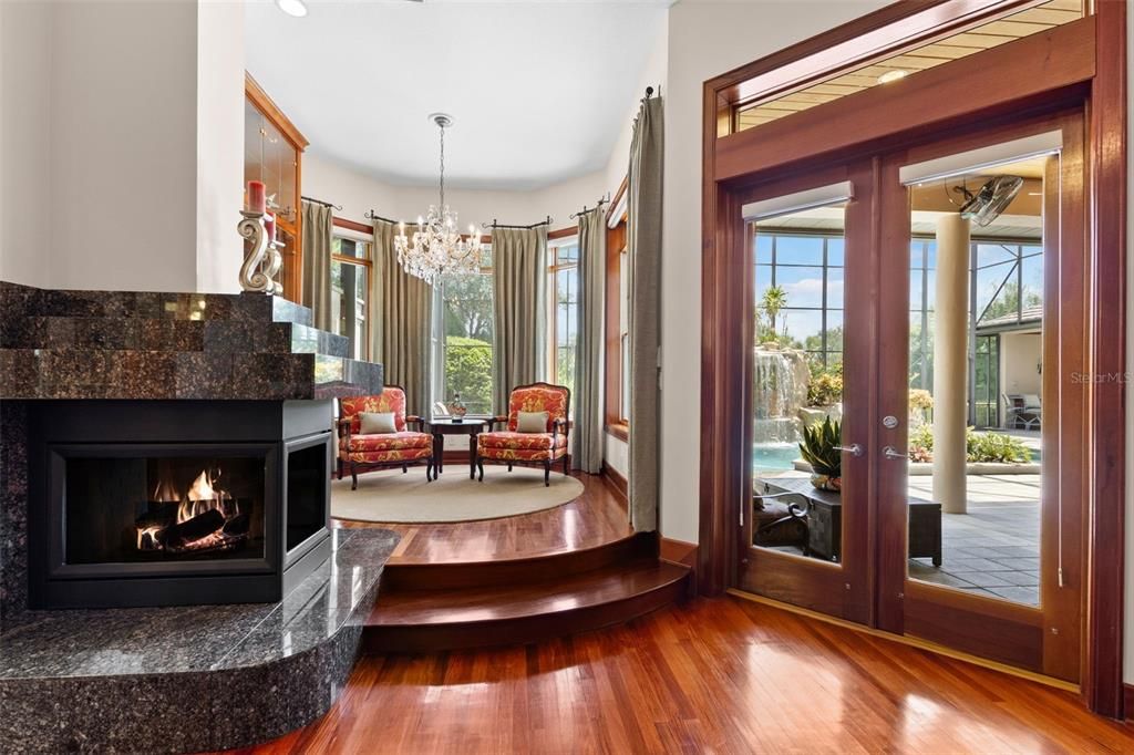 Chandelier, Fireplace, Interior, Wood Texture Flooring