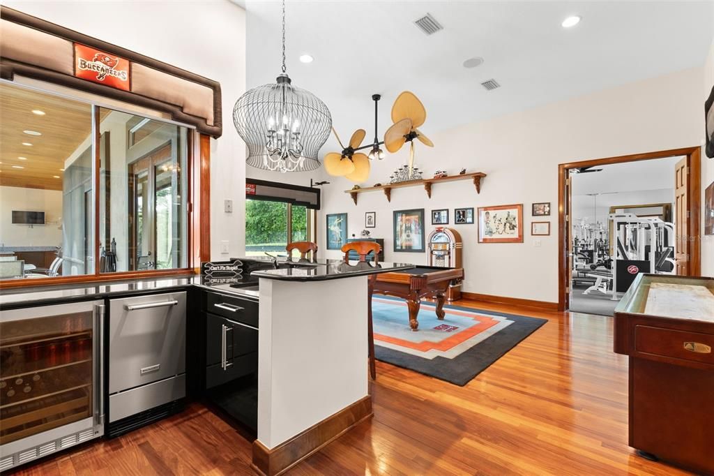 Billiard Table, Game Room, Interior, Kitchen, Pendant Lights, Recessed Lighting, Wood Texture Flooring