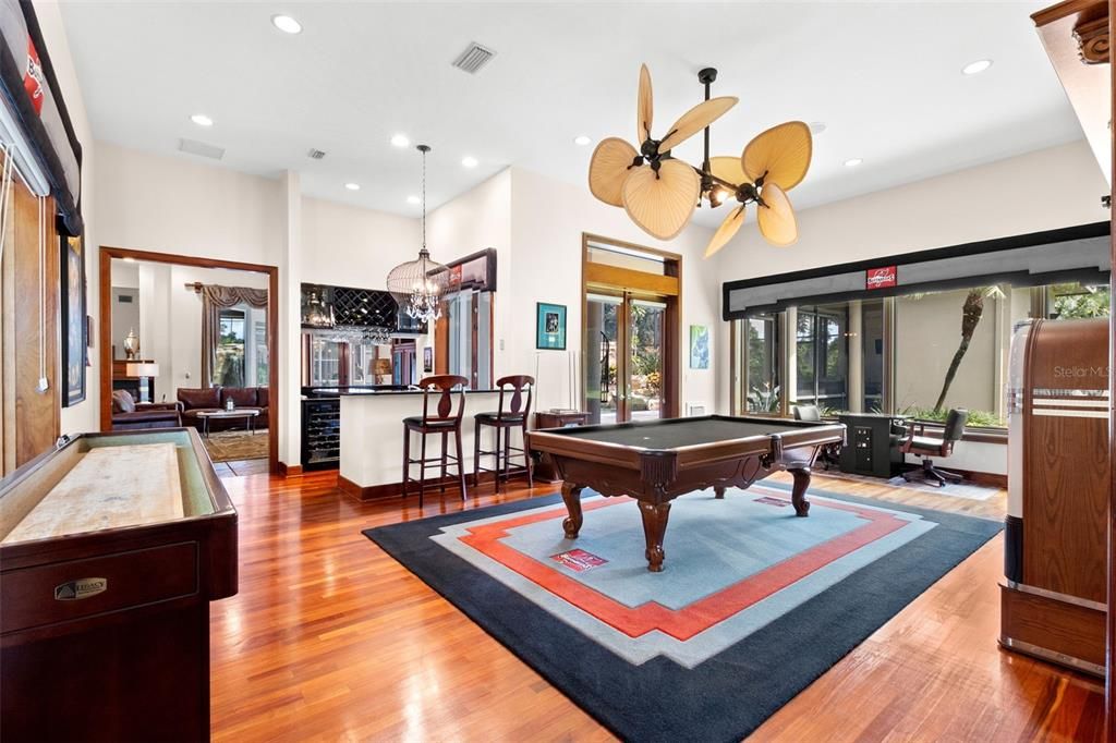 Billiard Table, Chandelier, Game Room, Interior, Pendant Lights, Recessed Lighting, Wood Texture Flooring