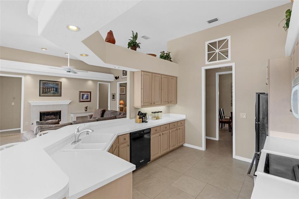 Fireplace, Interior, Kitchen, Living room, Recessed Lighting