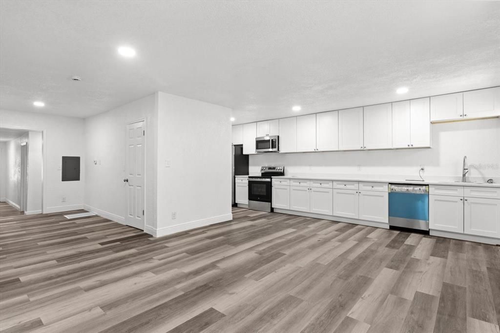 Interior, Kitchen, Recessed Lighting, Stainless Steel Appliances, Wood Texture Flooring