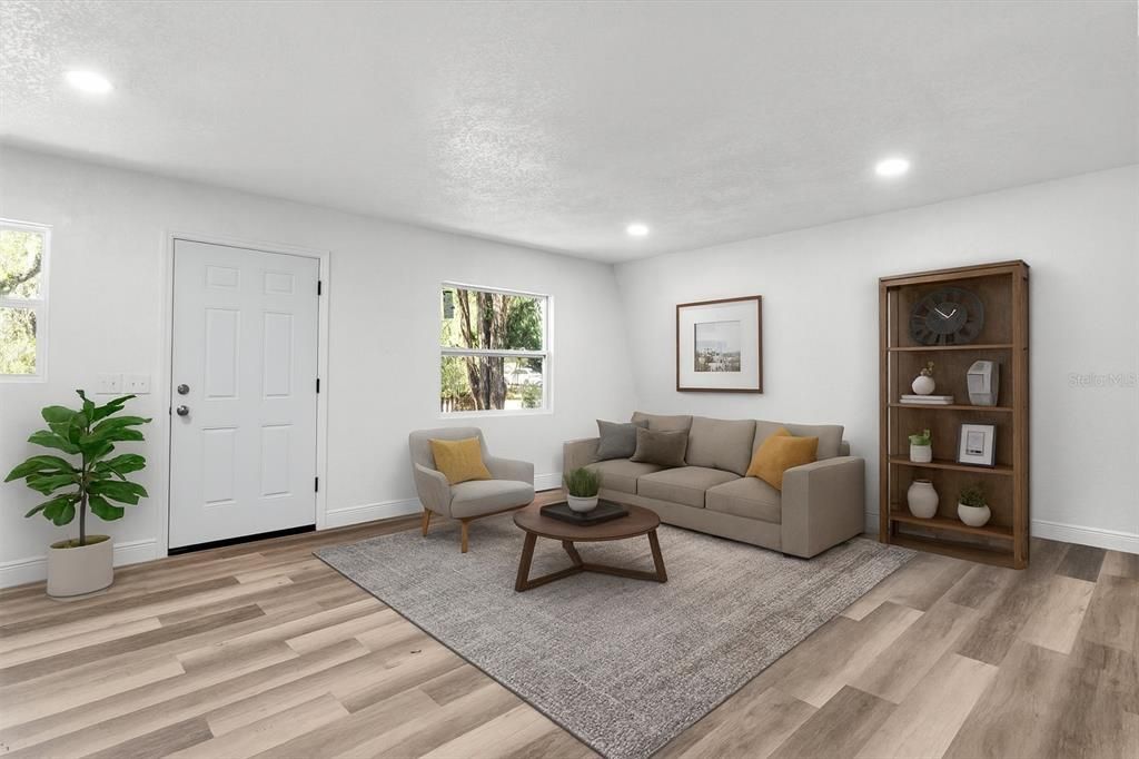 Interior, Living room, Recessed Lighting, Wood Texture Flooring