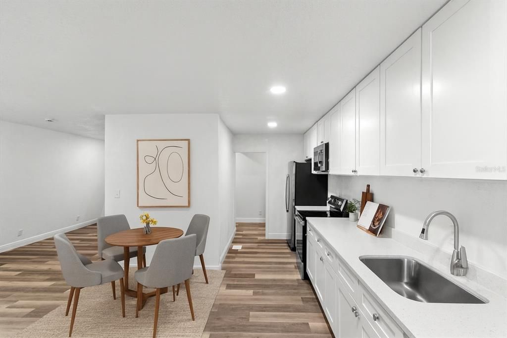 Dining room, Interior, Kitchen, Recessed Lighting, Wood Texture Flooring