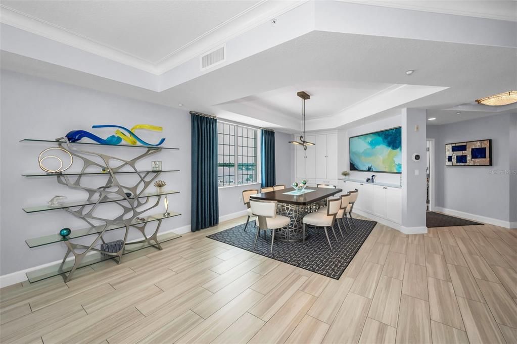 Dining room, Interior, Pendant Lights, Recessed Lighting, Wood Texture Flooring