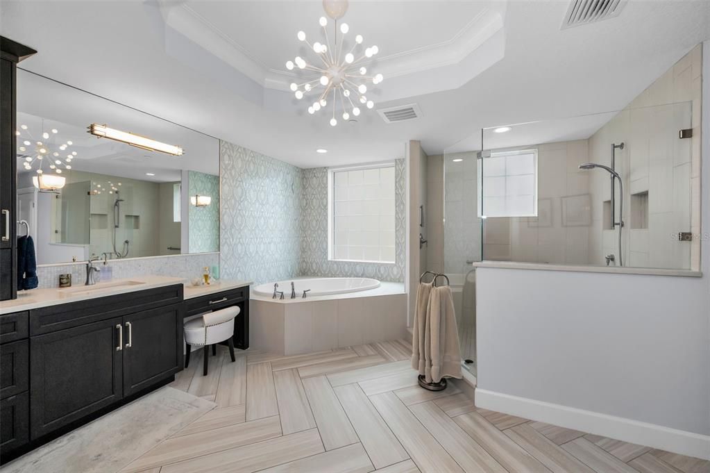 Bathroom, Dual Sink Vanities, Glass Shower, Interior, Pendant Lights, Recessed Lighting, Wood Texture Flooring
