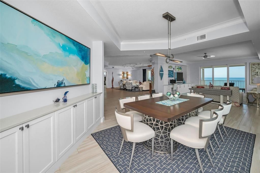 Dining room, Interior, Living room, Pendant Lights, Water, Wood Texture Flooring