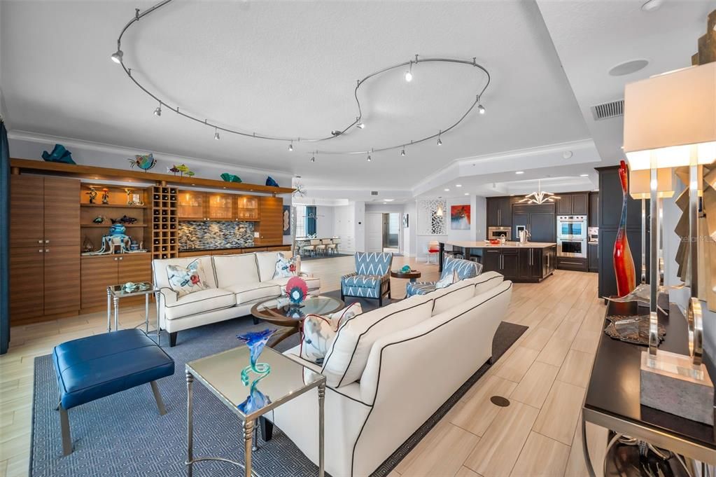 Interior, Kitchen, Living room, Pendant Lights, Recessed Lighting, Wood Texture Flooring, Wooden Walls