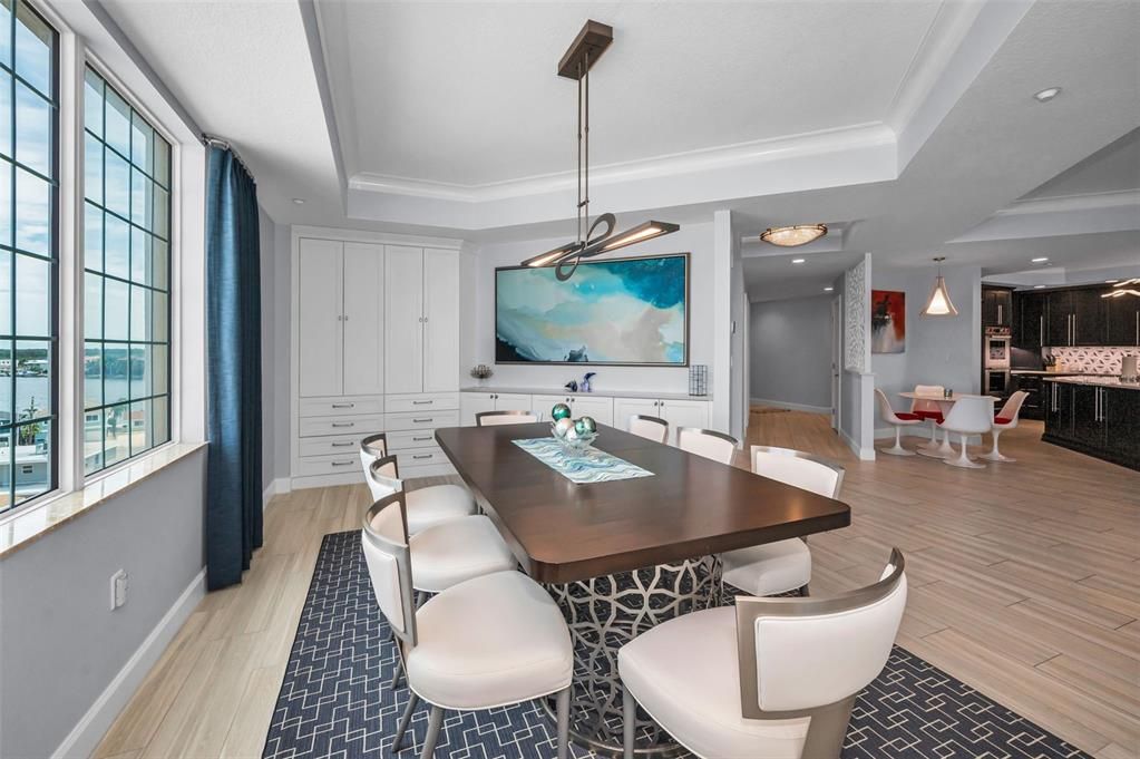 Dining room, Interior, Pendant Lights, Recessed Lighting, Wood Texture Flooring