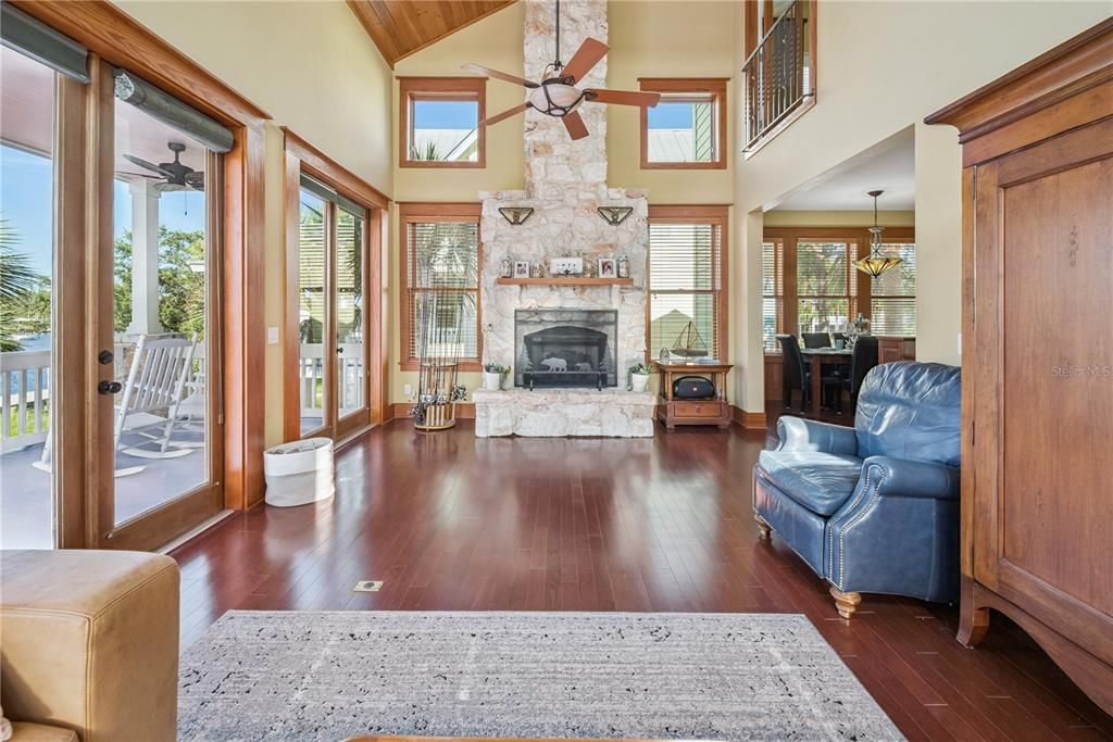 Fireplace, Interior, Pendant Lights, Stone Walls, Wood Texture Flooring