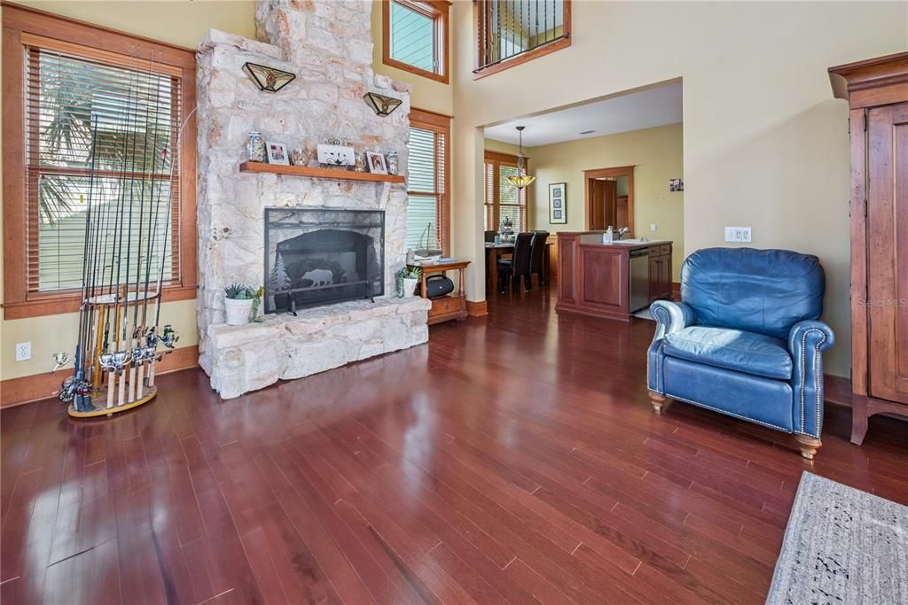 Fireplace, Interior, Pendant Lights, Wood Texture Flooring