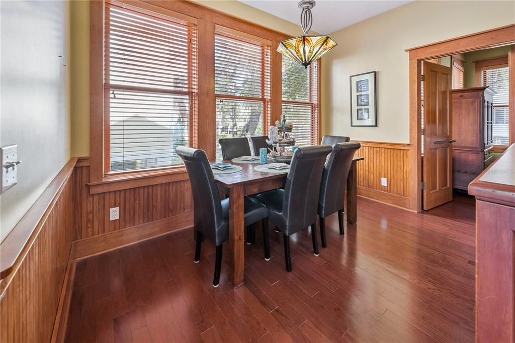 Dining room, Interior, Pendant Lights, Wood Texture Flooring