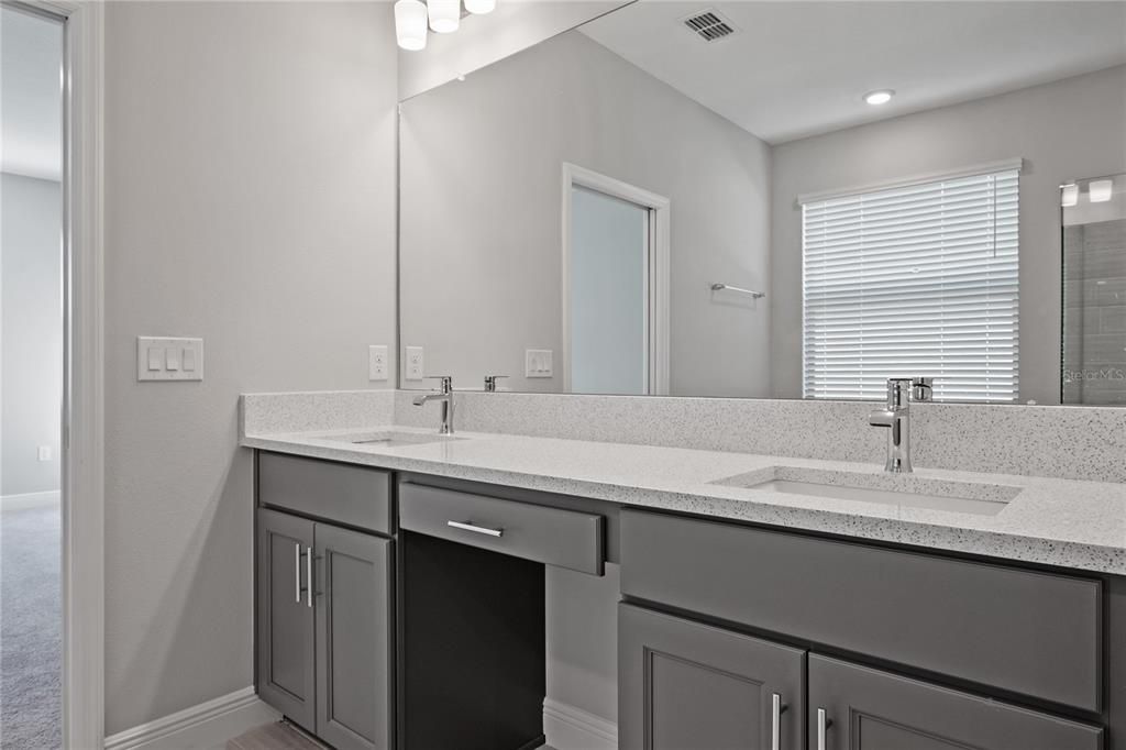 Bathroom, Dual Sink Vanities, Interior, Recessed Lighting, Wood Texture Flooring