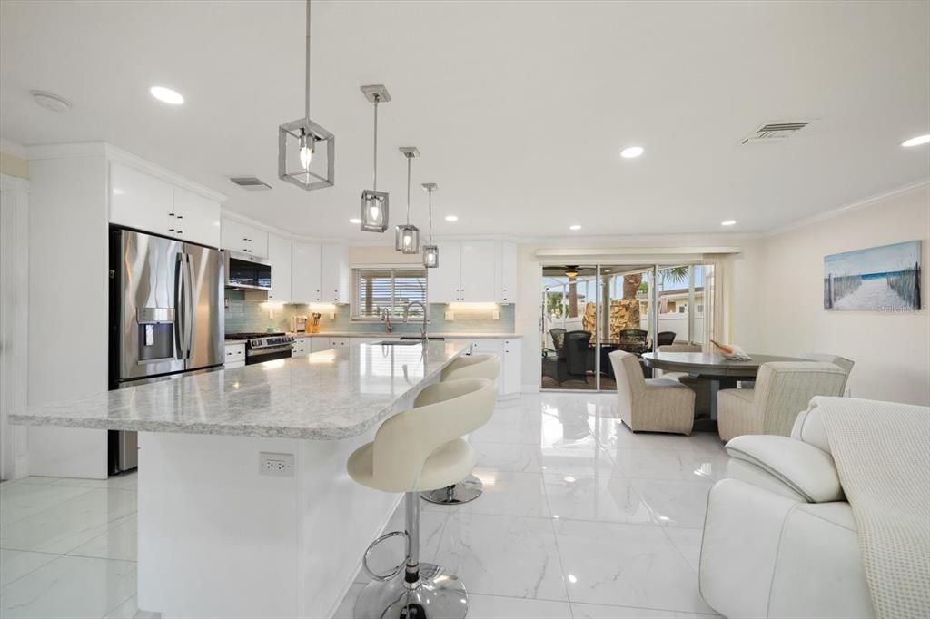 Dining room, Interior, Kitchen, Marble, Pendant Lights, Recessed Lighting, Stainless Steel Appliances