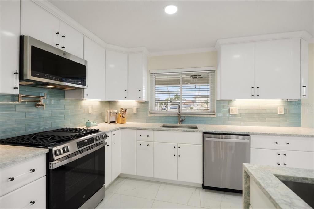 Interior, Kitchen, Marble, Recessed Lighting, Stainless Steel Appliances