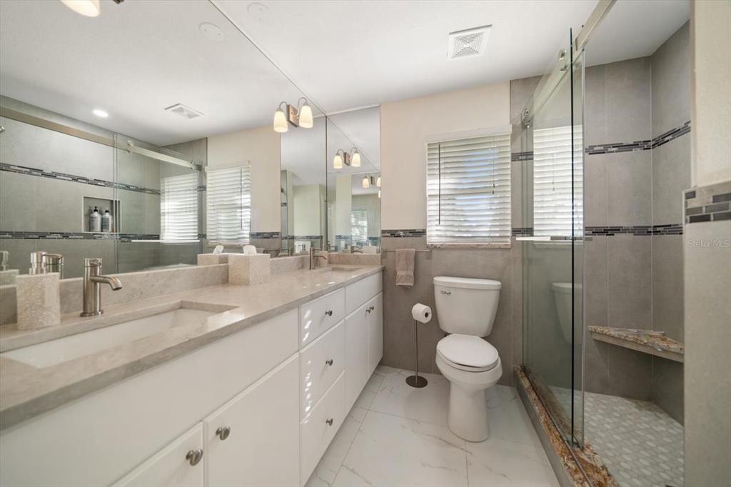 Bathroom, Dual Sink Vanities, Glass Shower, Interior, Marble, Recessed Lighting