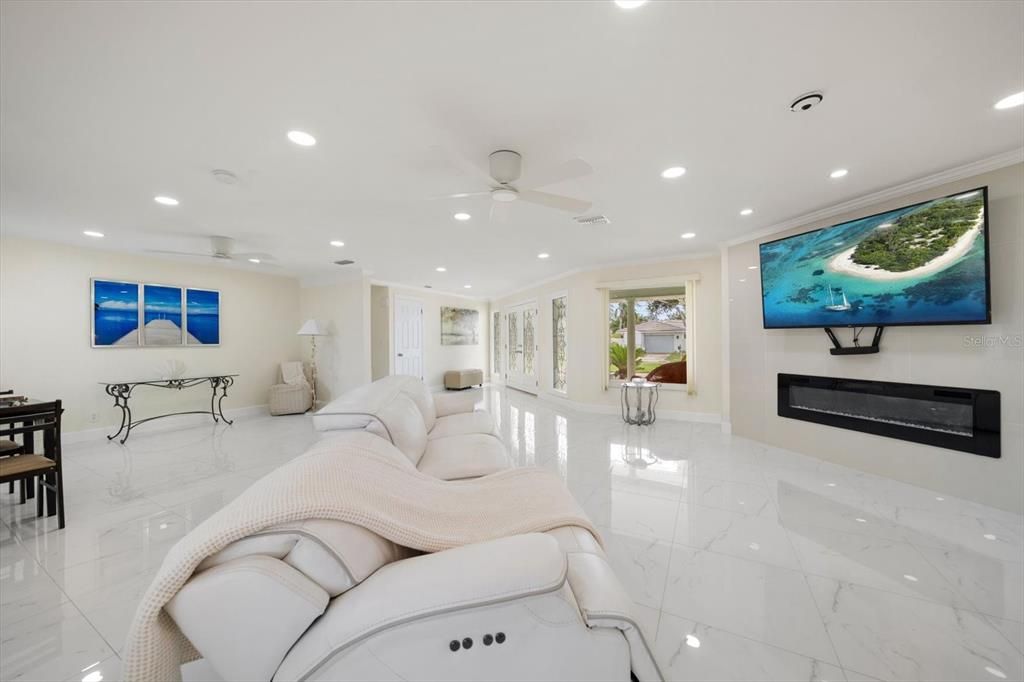 Fireplace, Interior, Living room, Marble, Recessed Lighting