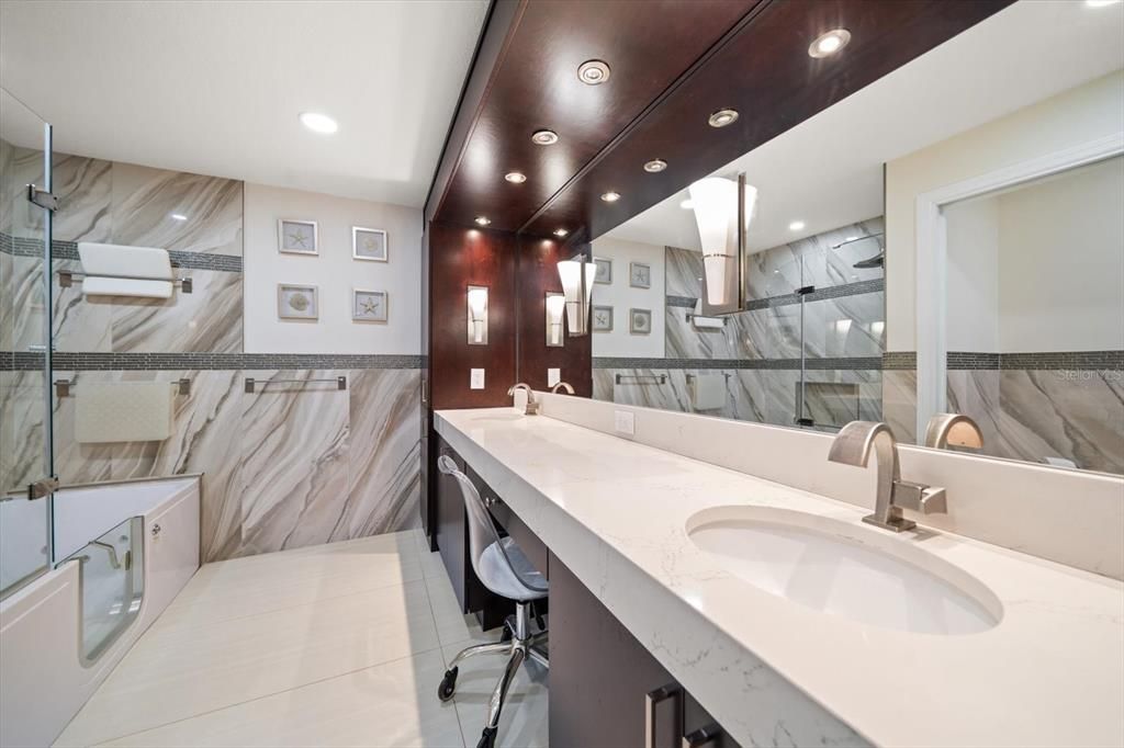 Bathroom, Interior, Marble Walls, Recessed Lighting