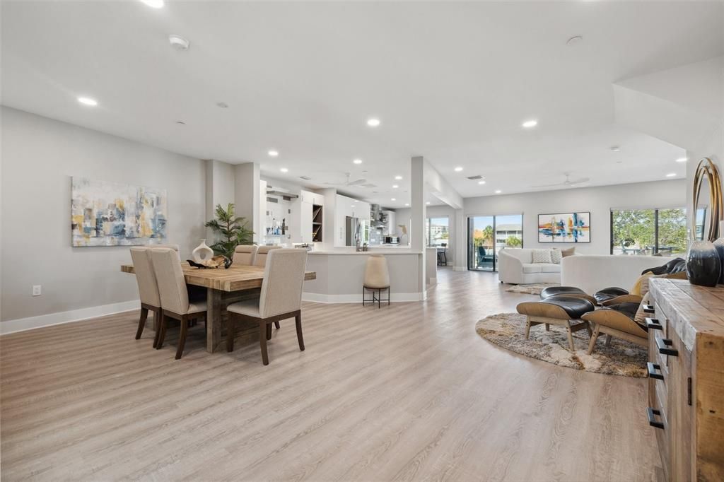 Dining room, Interior, Kitchen, Living room, Recessed Lighting, Wood Texture Flooring
