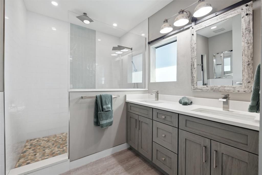 Bathroom, Dual Sink Vanities, Interior, Recessed Lighting, Wood Texture Flooring