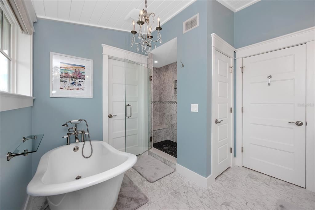 Bathroom, Chandelier, Free Standing Baths, Glass Shower, Interior, Marble, Marble Walls